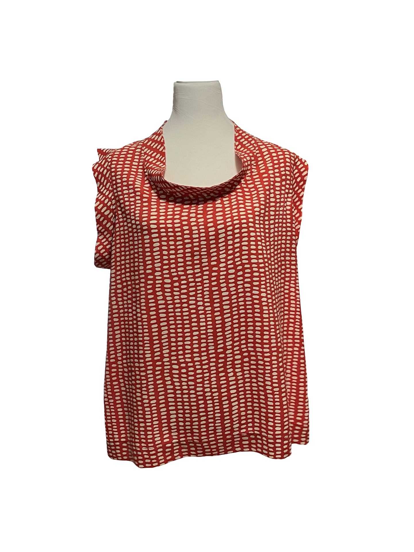 CAbi Madeline Cowl Top Orange/Cream Dots EUC!