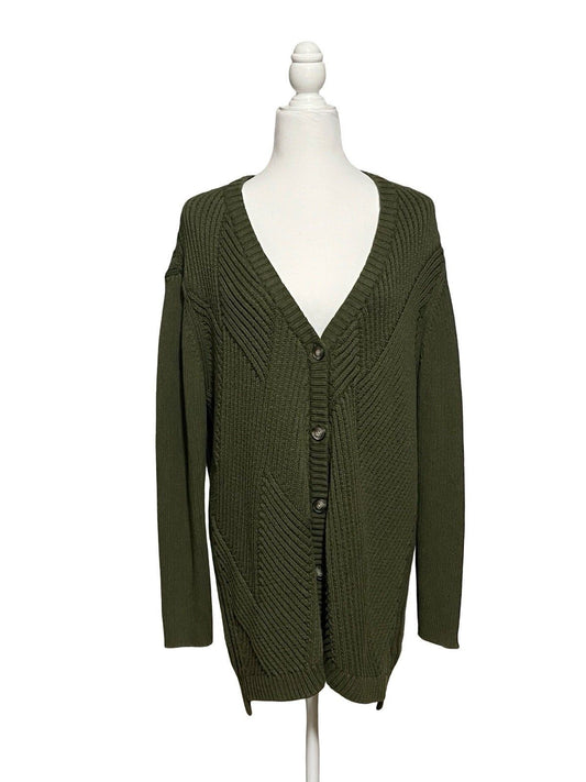 CAbi Aerial Cardigan Olive Green 100% Cotton V-Neck XL